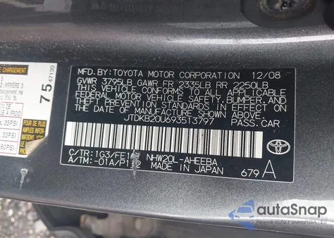 2009 Toyota Prius Standard из США, поврежденный, VIN JTDKB20U693513797